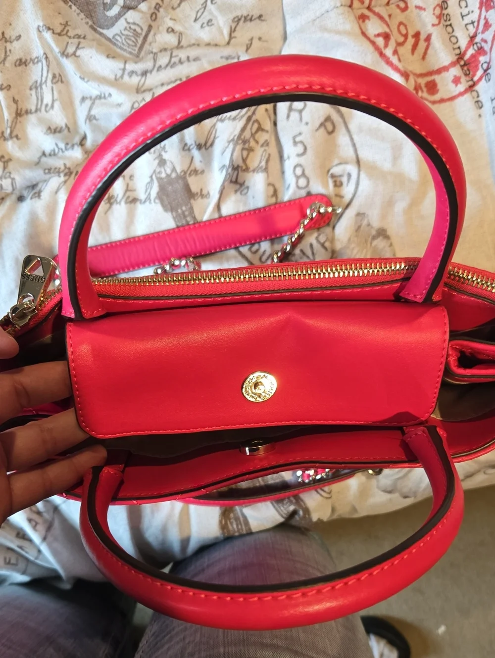 GUESS Quilted Satchel in Fuchsia Pink with Silver Hardware